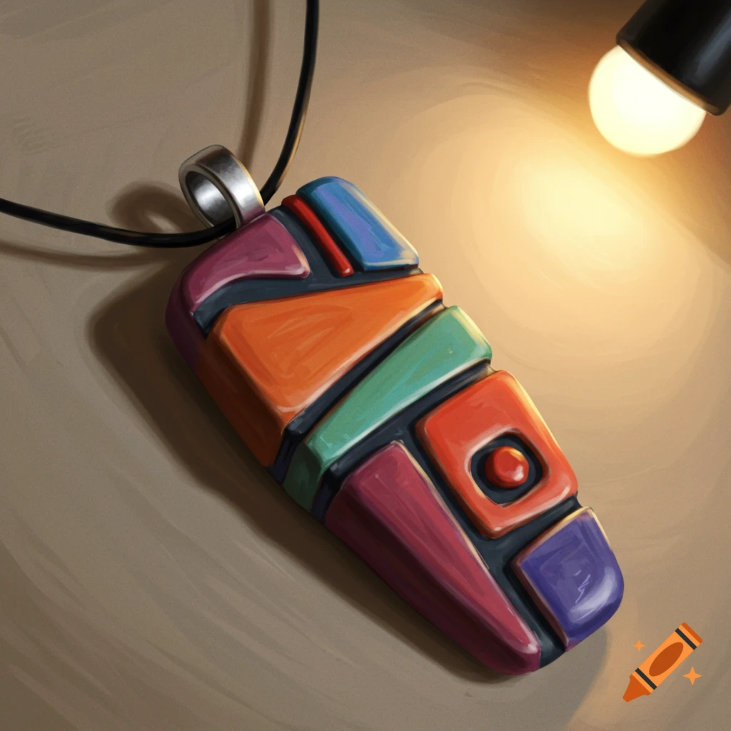 Painting of a colorful, geometric pendant under a light