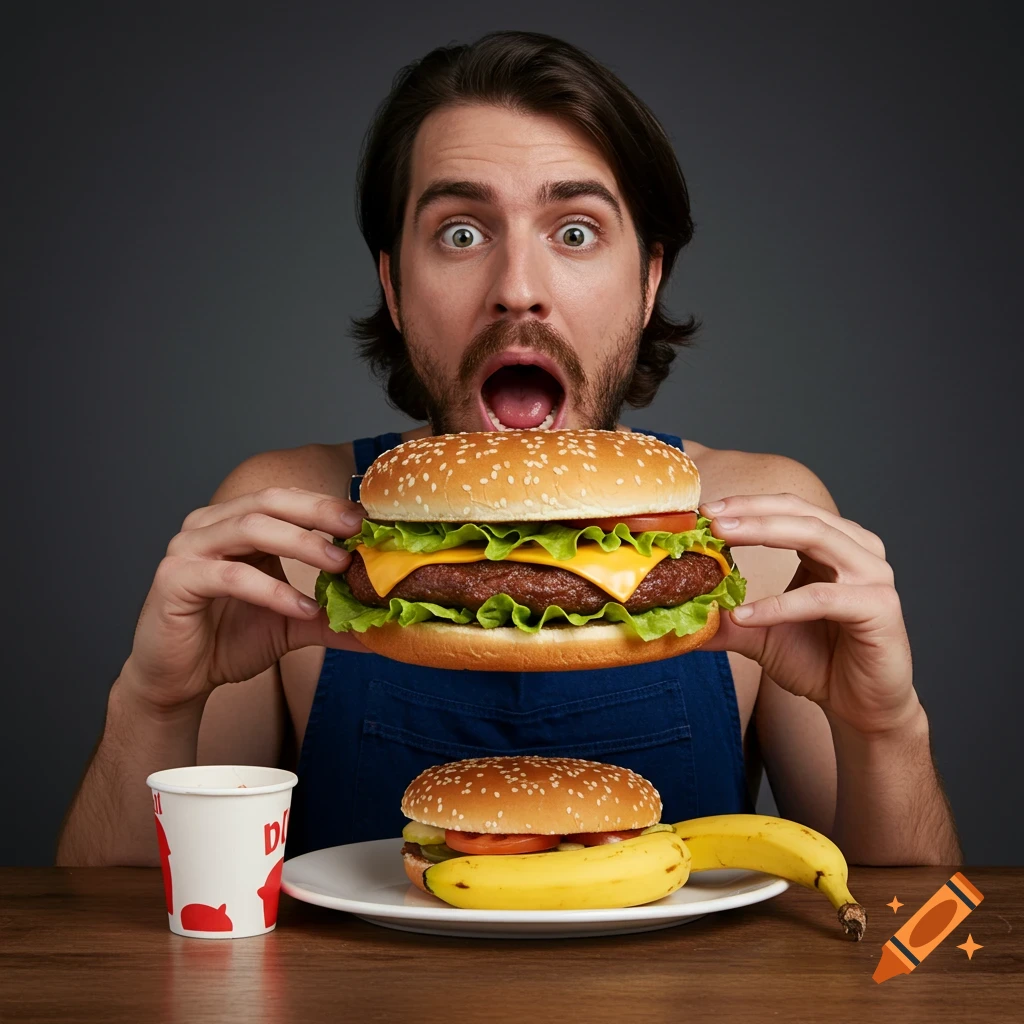 Photorealistic image of a surprised man holding a large hamburger to his face. A smaller hamburger with a banana is on a plate on the table.