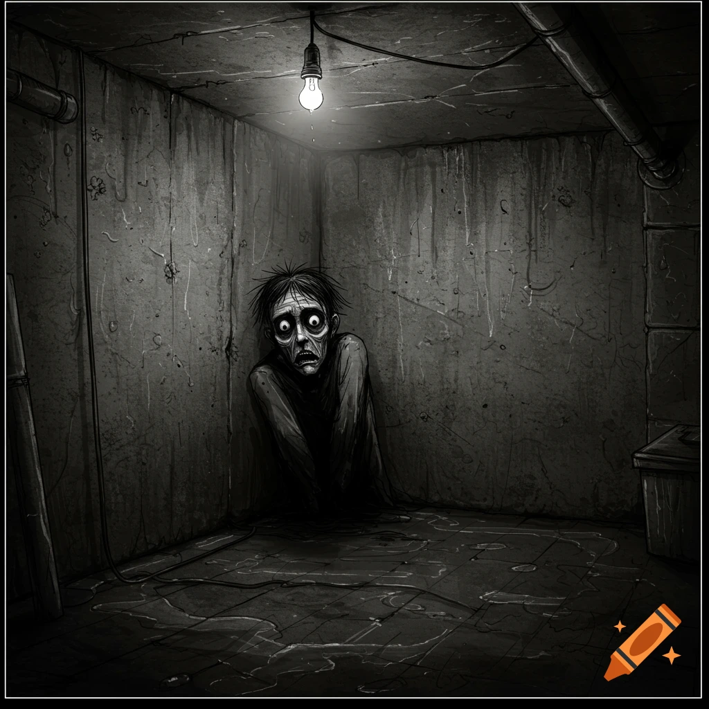 A frightened man huddled in a dark, damp basement corner under a bare lightbulb, illustration style.