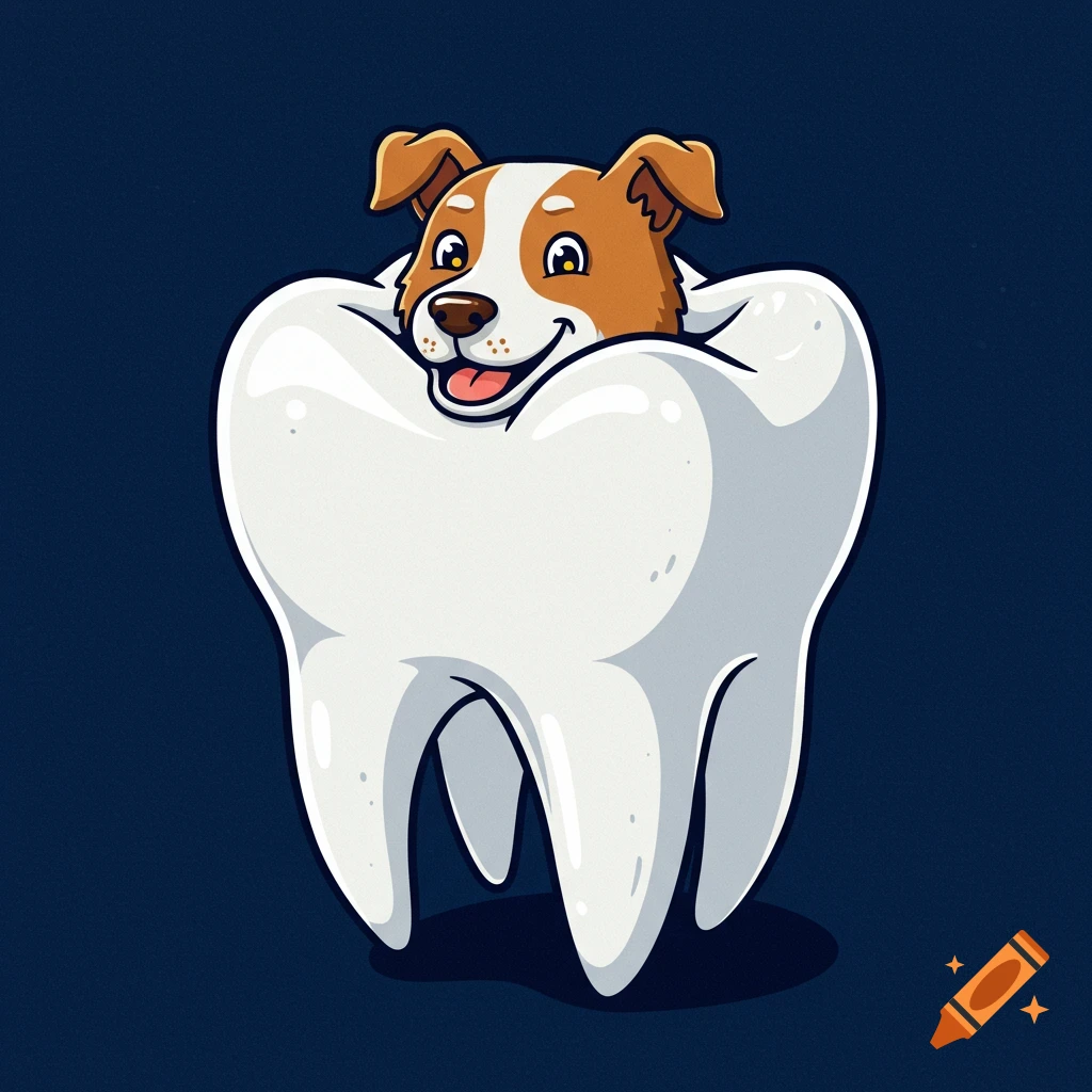 Cartoon dog peeking out of a large white tooth on a dark background, digital art.
