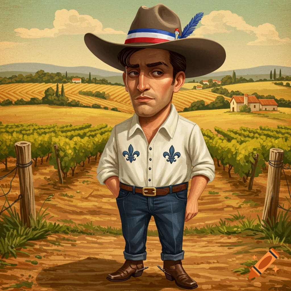 Stylized cartoon man in cowboy hat and shirt with fleur-de-lis stands in a vineyard landscape