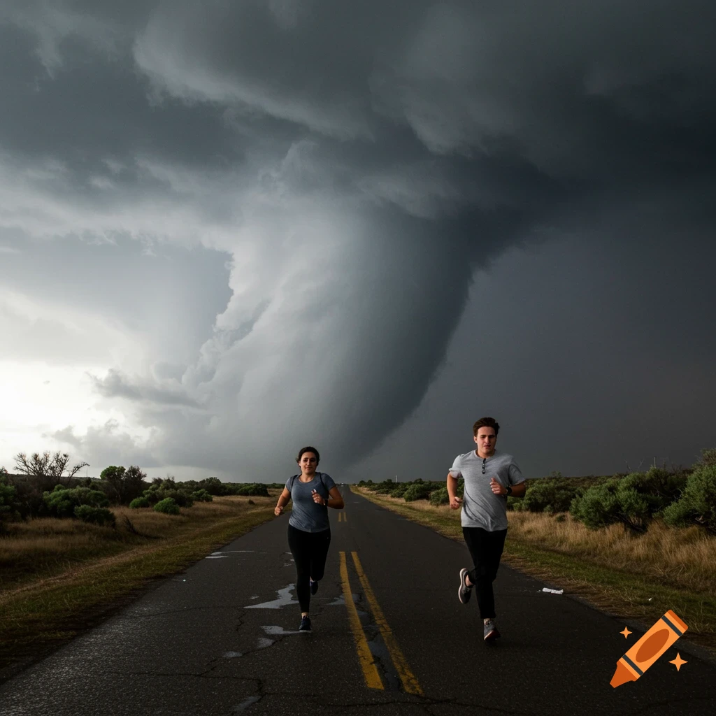 Two people run down a road away from a massive, dark tornado cloud.