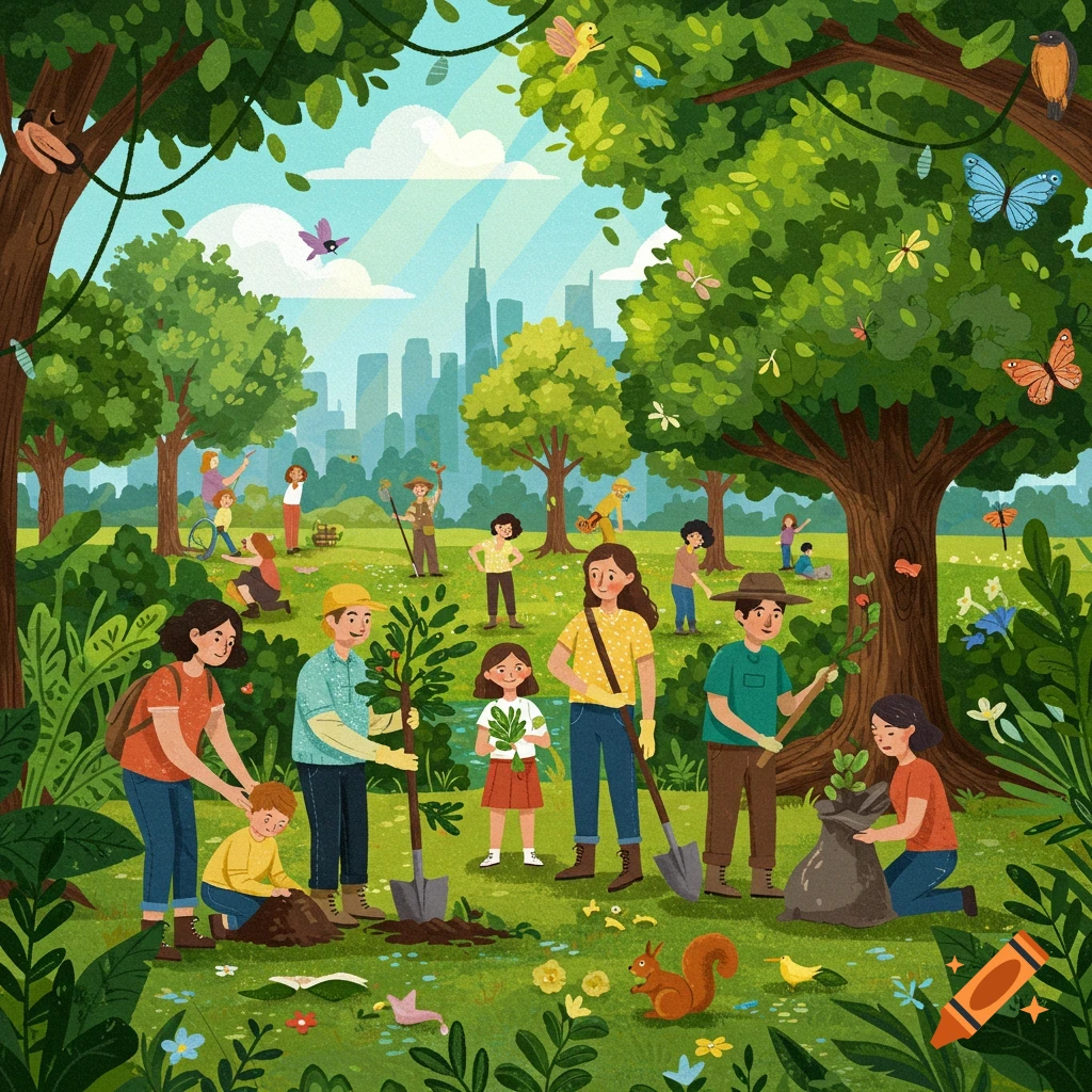 Colorful illustration of a community group planting trees in a park with a city skyline in the background.