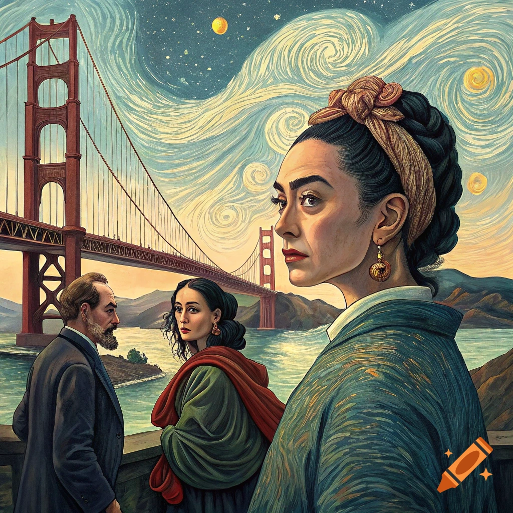 Painting in Van Gogh style of three figures near the Golden Gate Bridge.