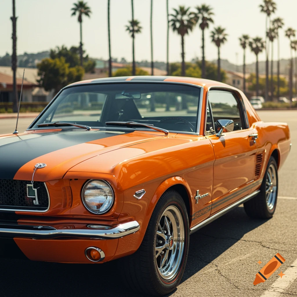 Orange and black vintage Mustang car parked outside with palm trees.