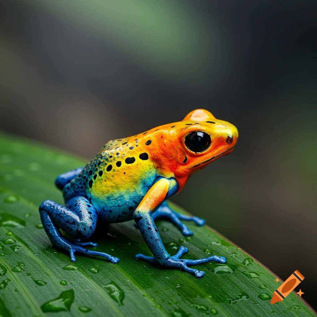 A colorful frog with orange, yellow, and blue skin sits on a wet green leaf.