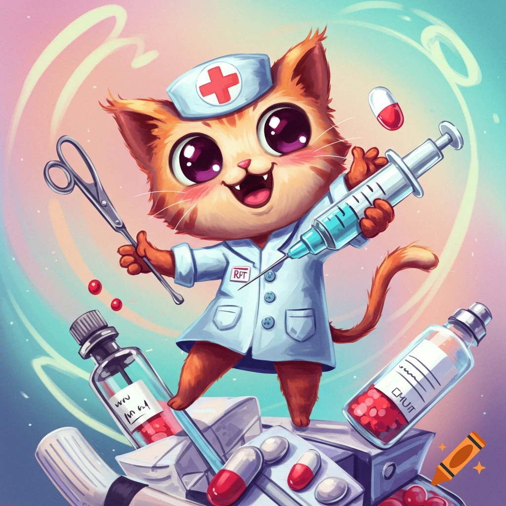Cute cartoon cat nurse holding a syringe and scissors among medical supplies.