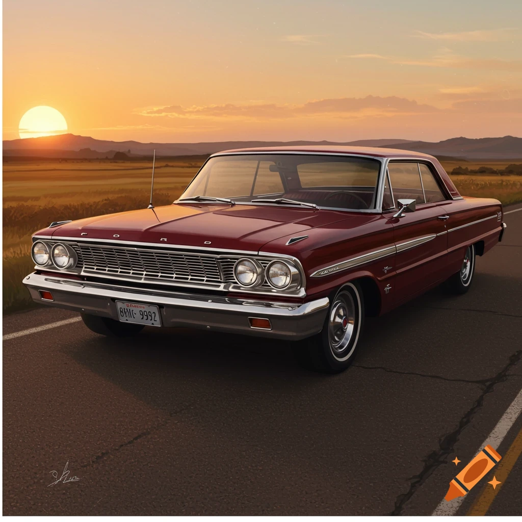 Red 1964 Ford Galaxie on a road at sunset with fields in the background.