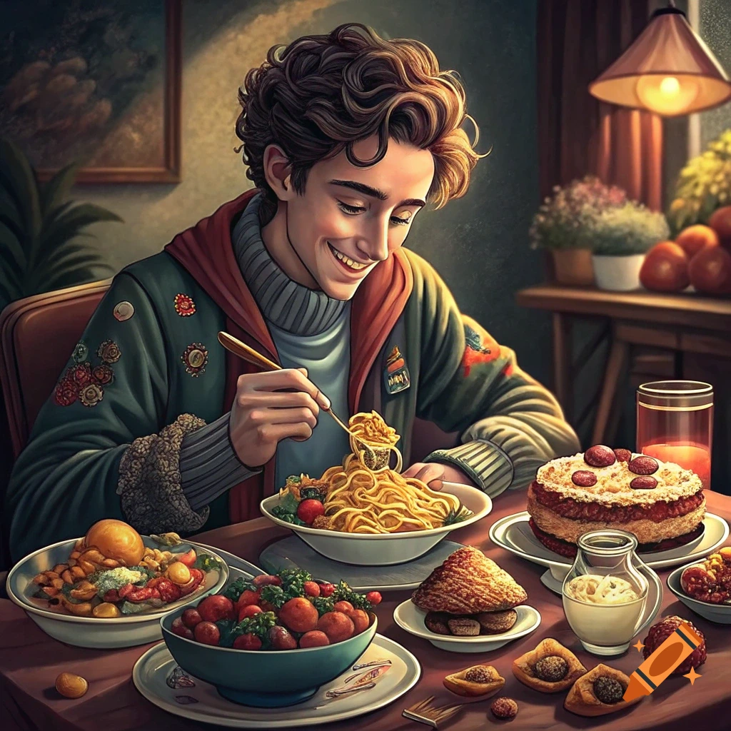 A young man with curly hair happily eats spaghetti at a table laden with food, in an illustration style.