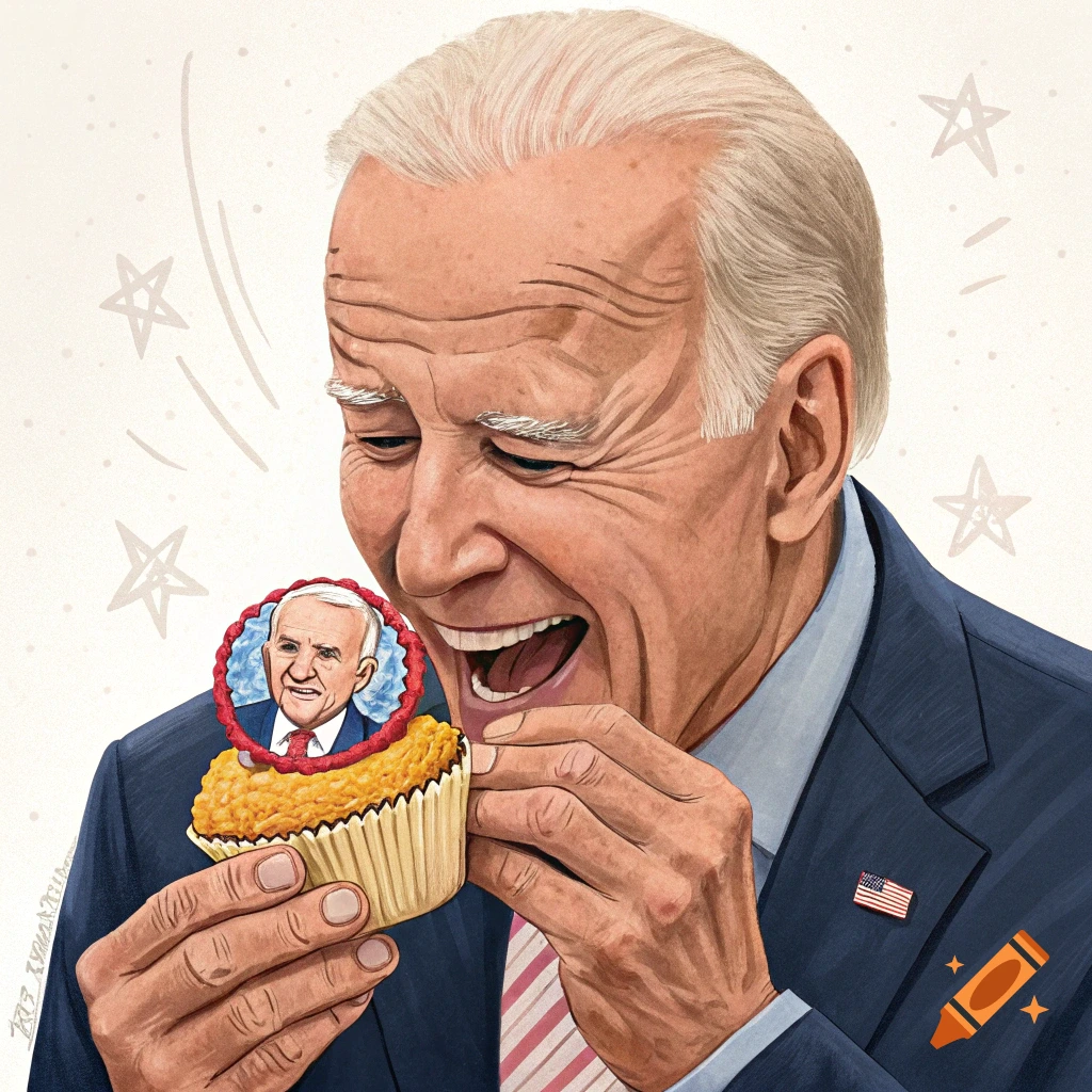 Illustration of Joe Biden about to eat a cupcake with his face on it