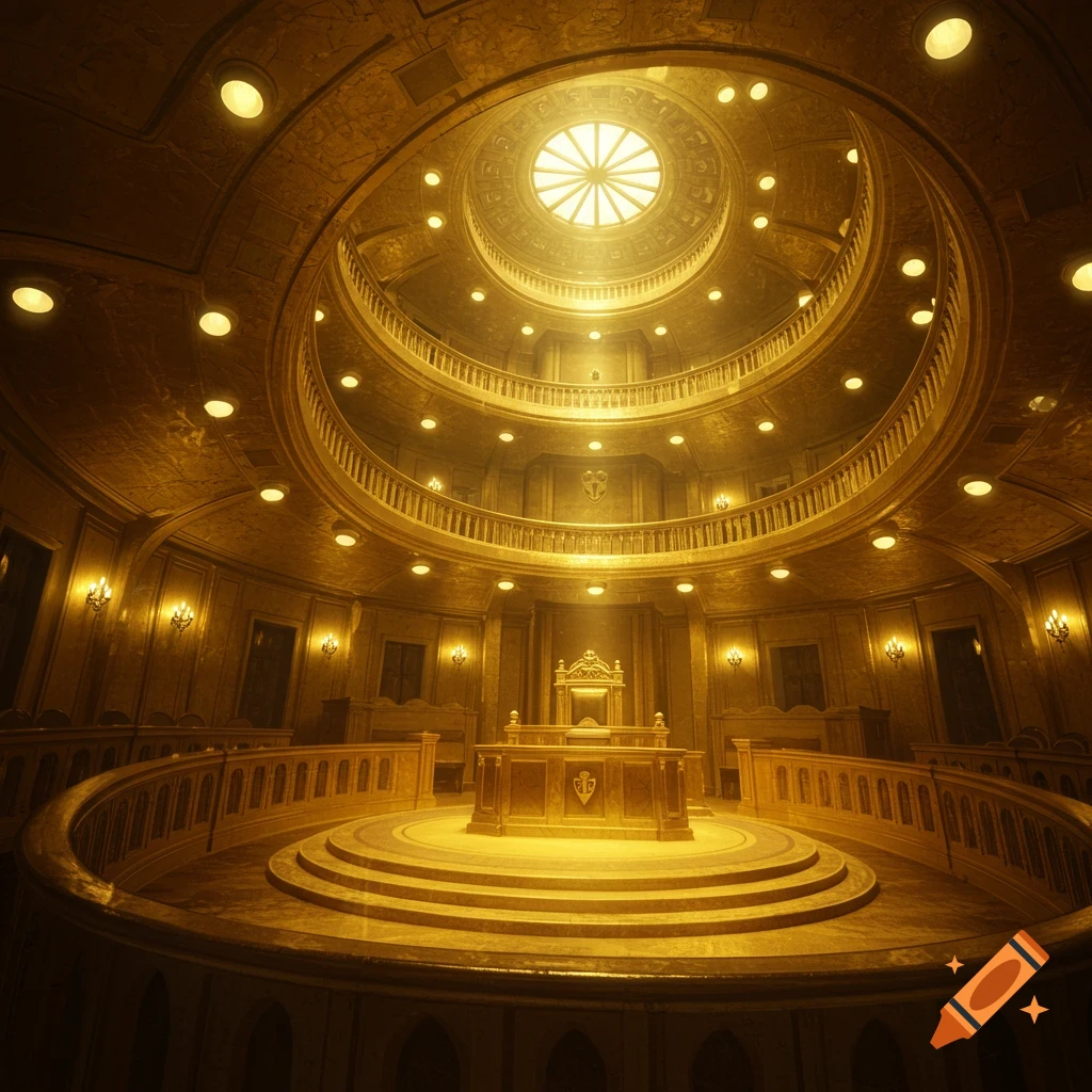 Grand, circular courtroom interior with gold tones, ornate architecture, and a large dome skylight.