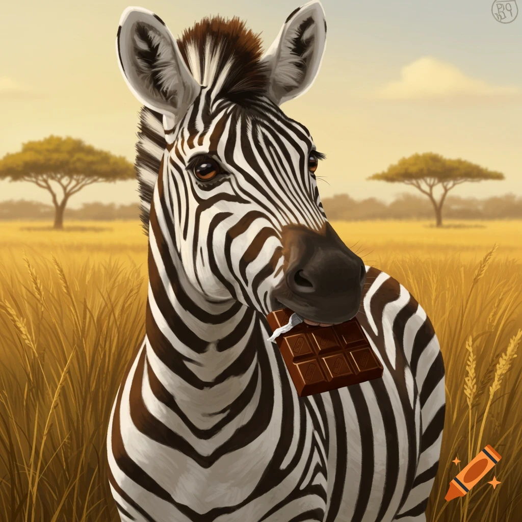 A zebra in a savanna landscape eats a chocolate bar.