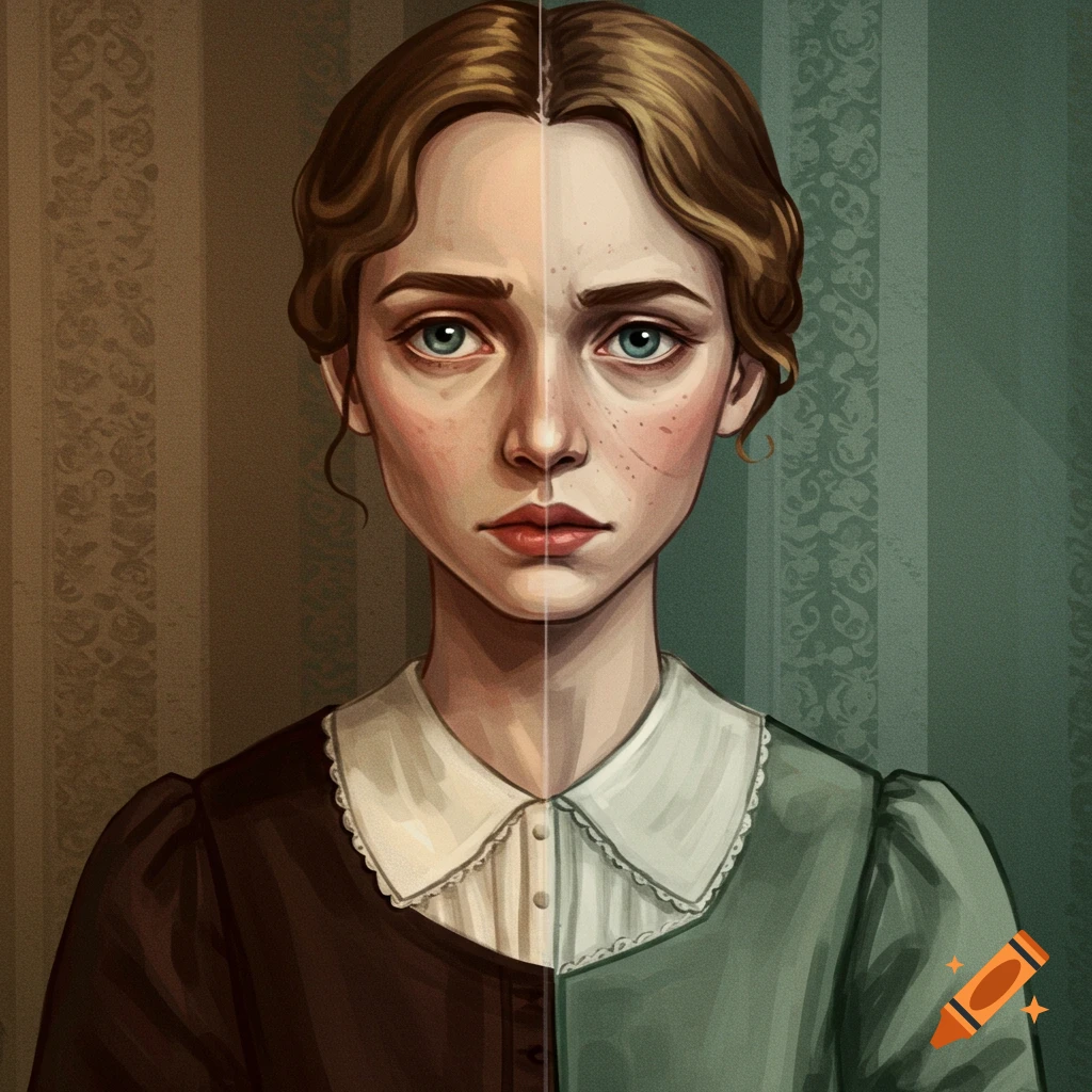 Split portrait illustration of a woman; one side calm, the other showing distress with facial marks. Contrasting backgrounds.