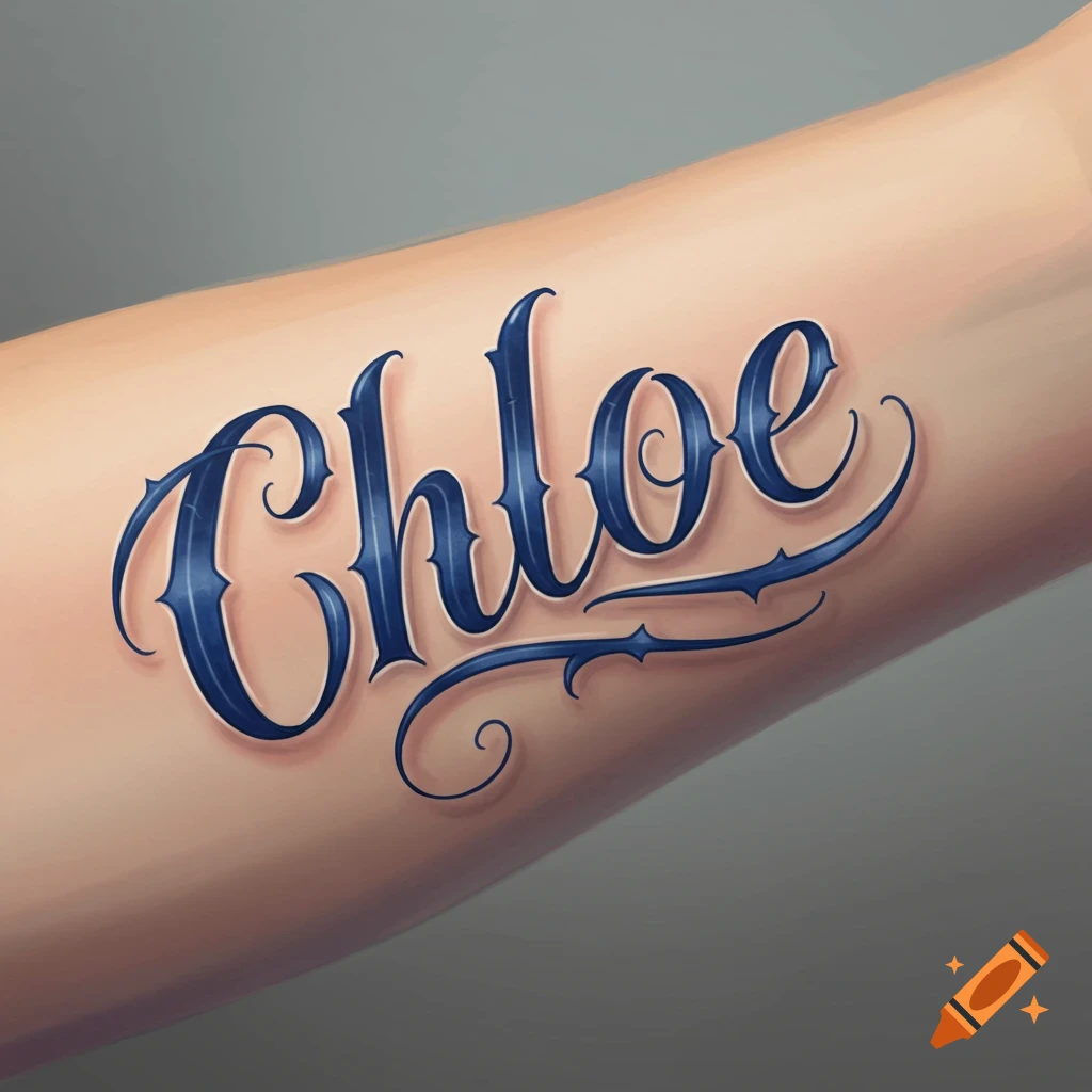 A blue tattoo of the name Chloe in script font on an arm. on Craiyon, image size:1024x1024