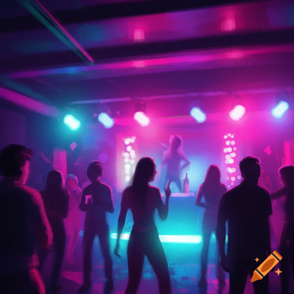 Silhouettes of people dancing in a club under flashing pink and blue lights.