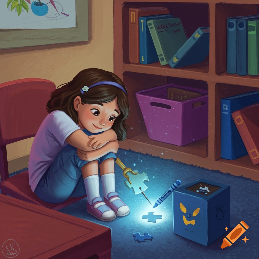 Illustration of a girl sitting on a chair looking at a glowing puzzle piece on the floor.