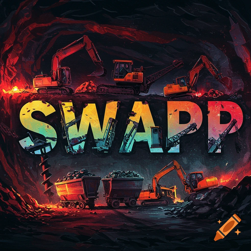 The word SWAPP formed by colorful, stylized mining equipment and rock in a dark mine setting with excavators and mine carts.