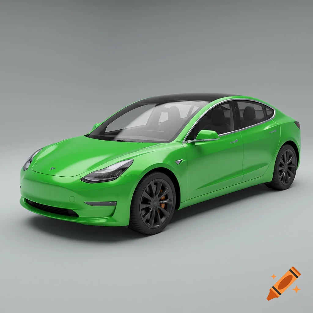 A bright green Tesla Model 3 car on a gray background.
