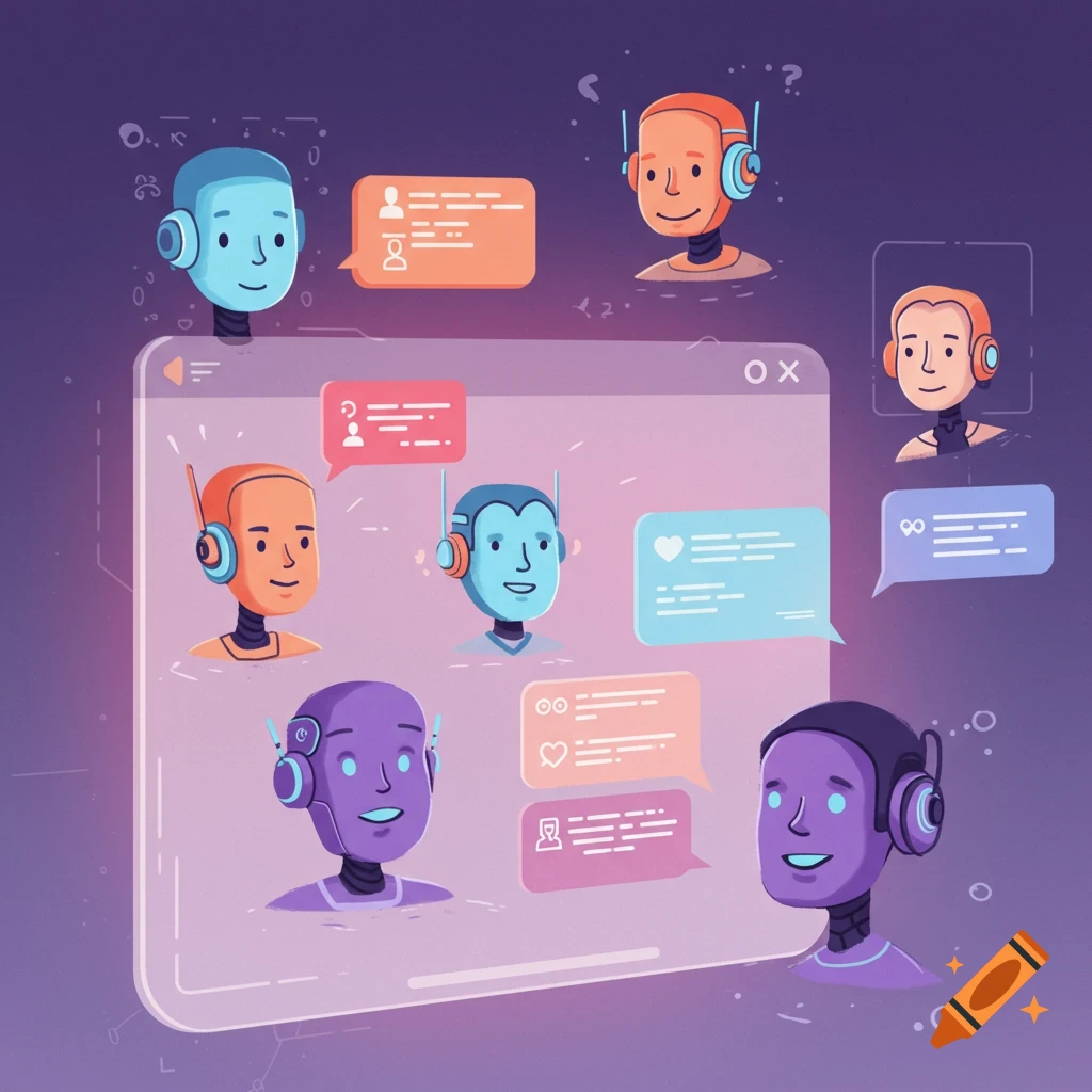 Stylized illustration of multiple AI heads interacting via chat bubbles on a screen.