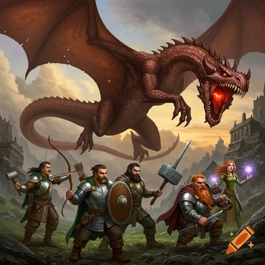 Fantasy illustration of adventurers facing a large red dragon.