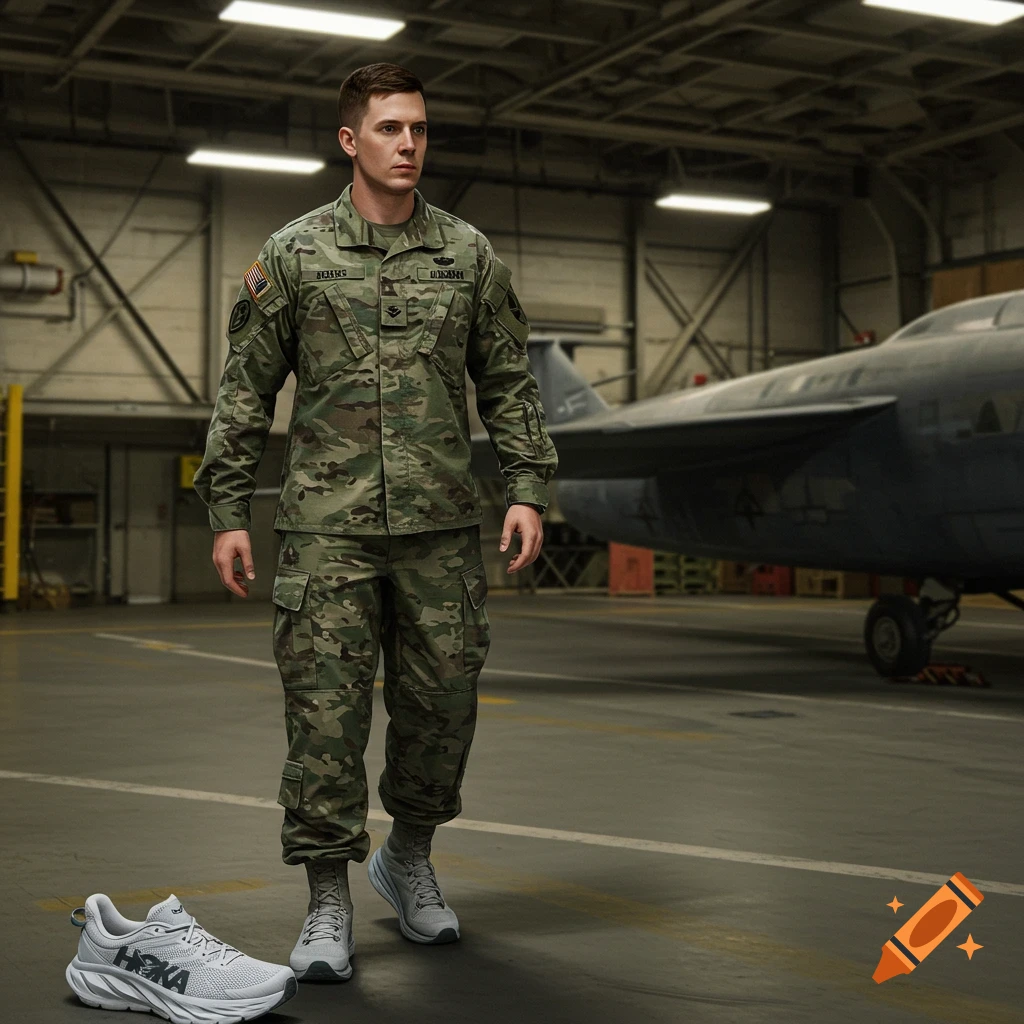 A soldier in uniform stands near athletic shoes in a hangar with an aircraft.