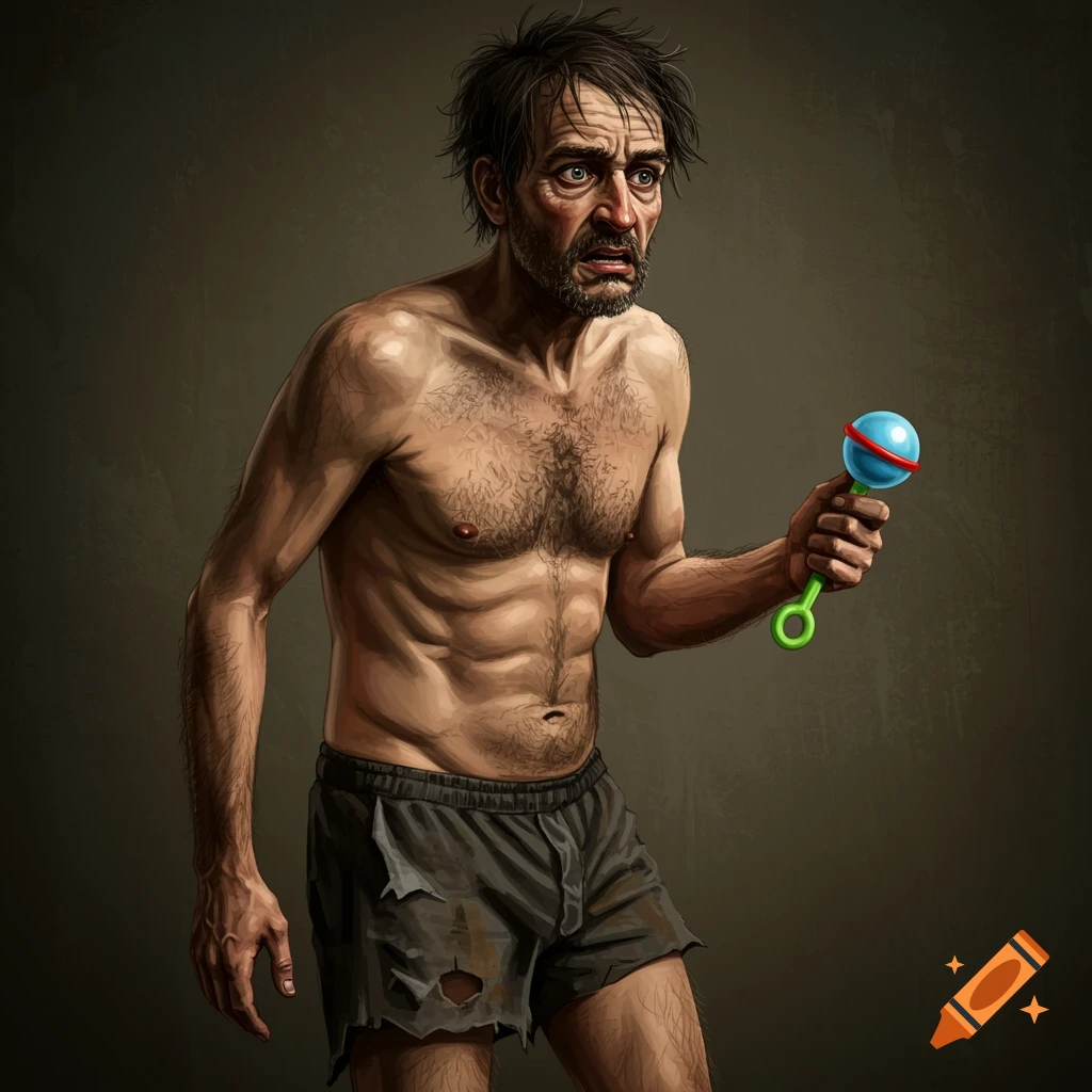 Illustration of a disheveled, gaunt man with a distressed expression, holding a baby rattle.