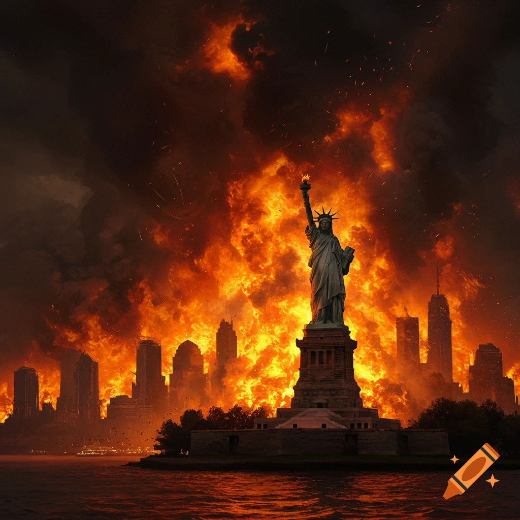 The Statue of Liberty stands in the foreground as a city skyline behind it is engulfed in massive flames and smoke under a dark sky. The water reflects the fire.