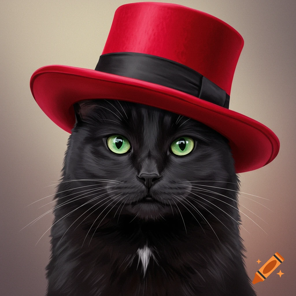 A black cat with green eyes wears a red top hat.