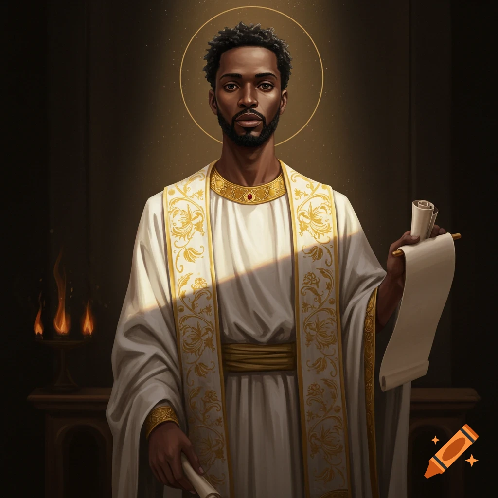 A portrait of a man resembling a saint or prophet in white and gold robes, holding scrolls, with a halo. Looks photorealistic.