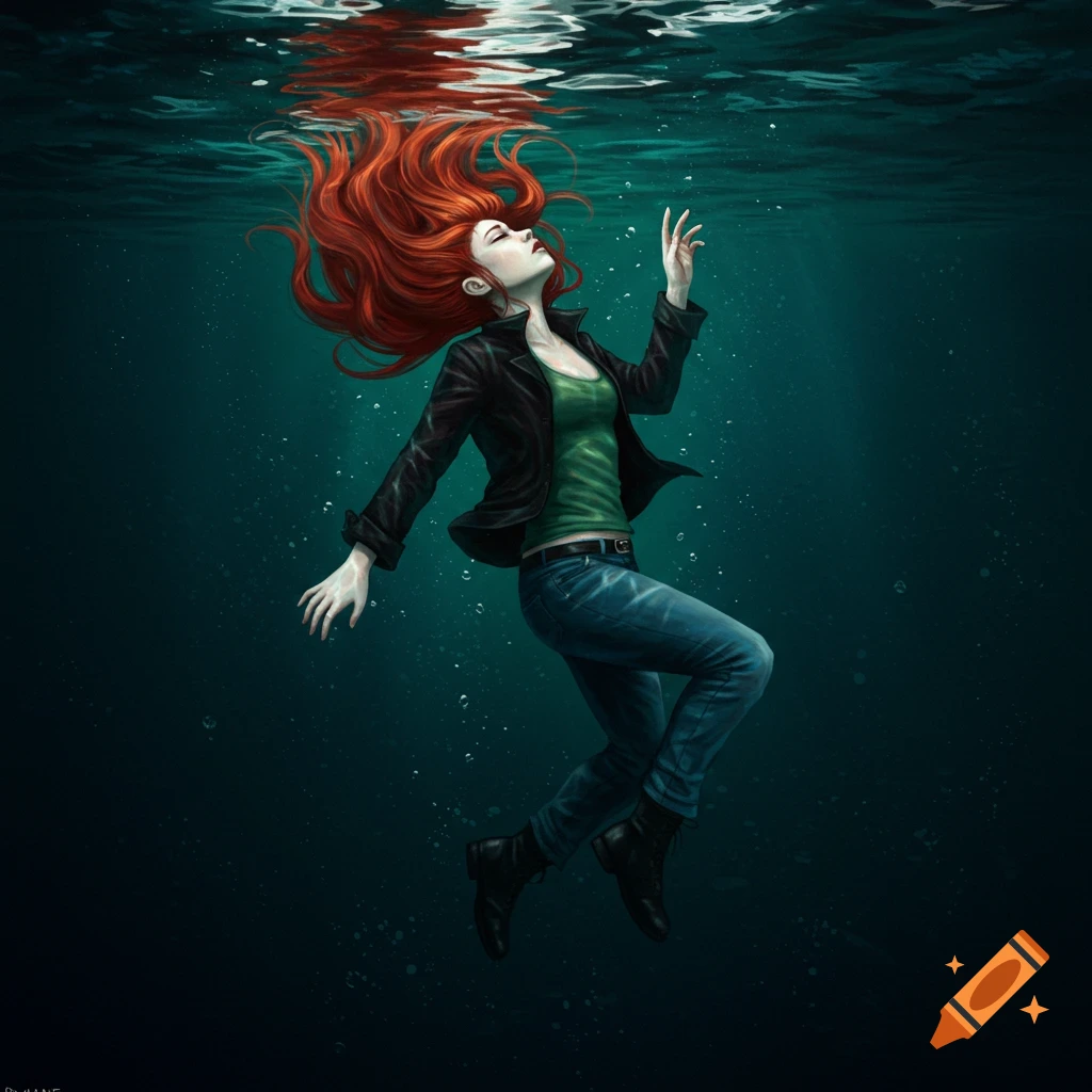 An illustration of a woman with red hair floating underwater.