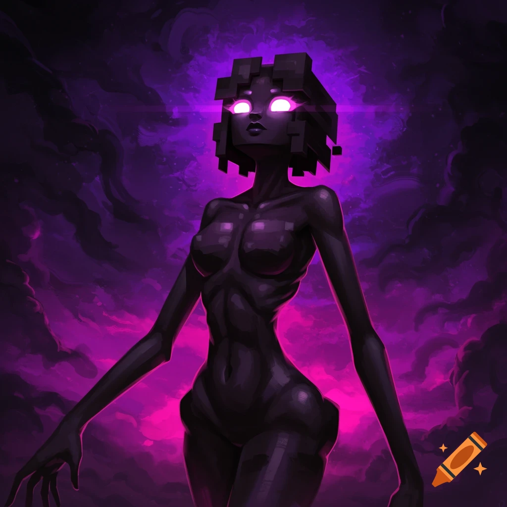 A dark figure with glowing purple eyes and geometric head stands against a smoky purple background.