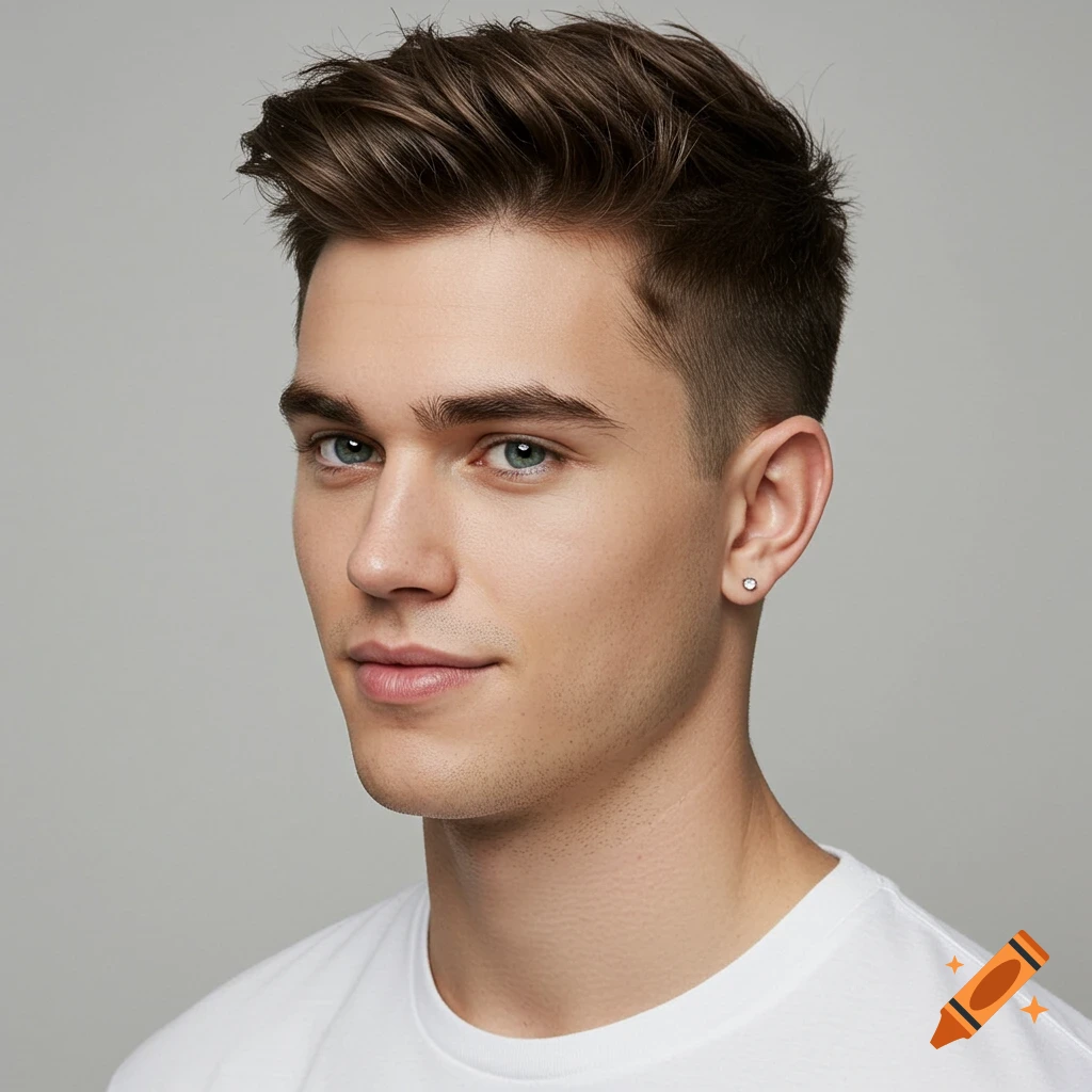 Close-up portrait of a young man with a low taper fade haircut.