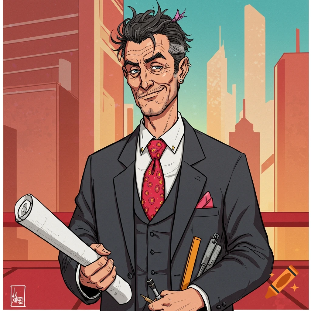 Illustration of an architect in a suit holding blueprints and drawing tools with a city skyline behind him.