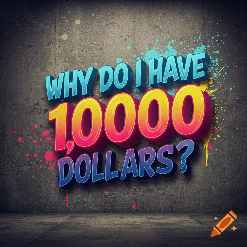 Stylized text 'WHY DO I HAVE 10,000 DOLLARS?' on a concrete wall with paint splatters.