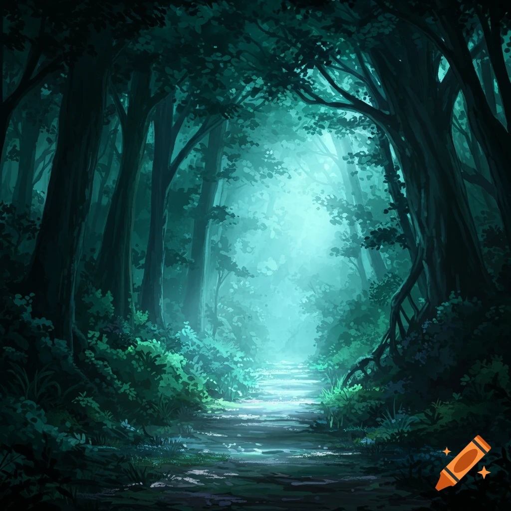 A stylized fantasy illustration of a forest path illuminated by a bright light filtering through dark green trees.