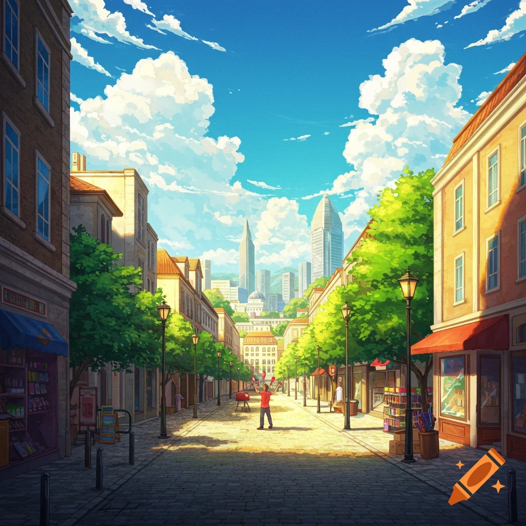 Anime style street scene on a sunny day with buildings, trees, and distant city skyline.