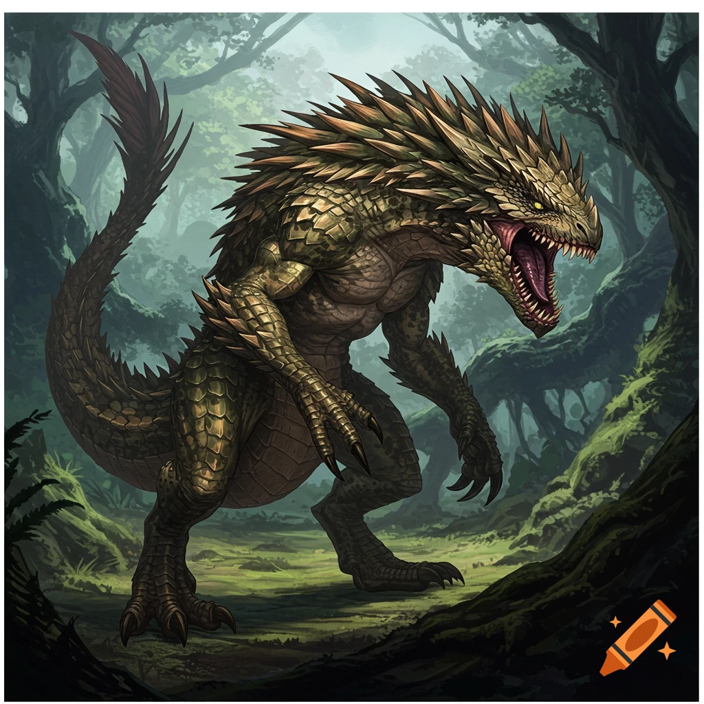A detailed image of a green scaly monster with spikes and sharp claws standing in a forest.