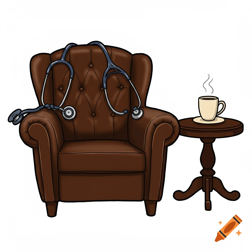 Simple clip art illustration of a brown armchair with a stethoscope draped over the back, next to a side table holding a steaming coffee cup.