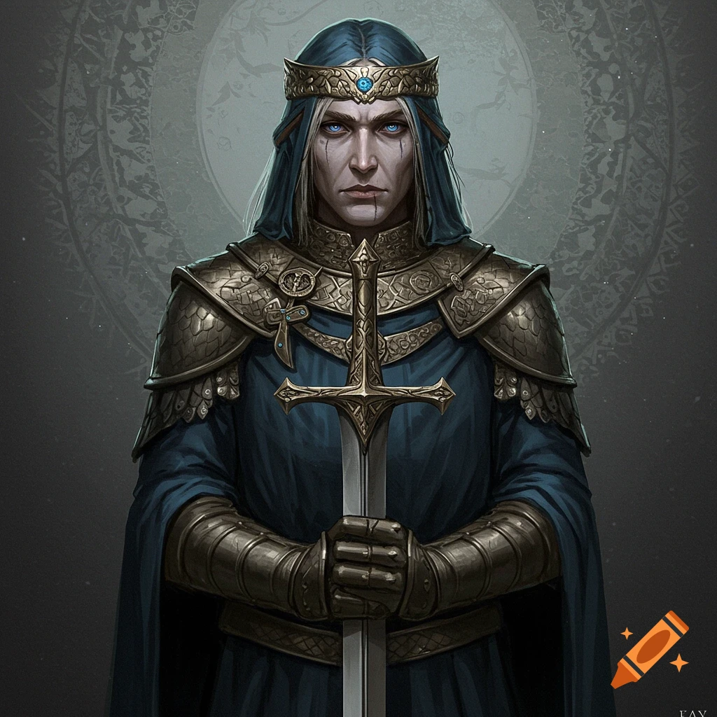 Fantasy portrait of a warrior king with a sword and crown.