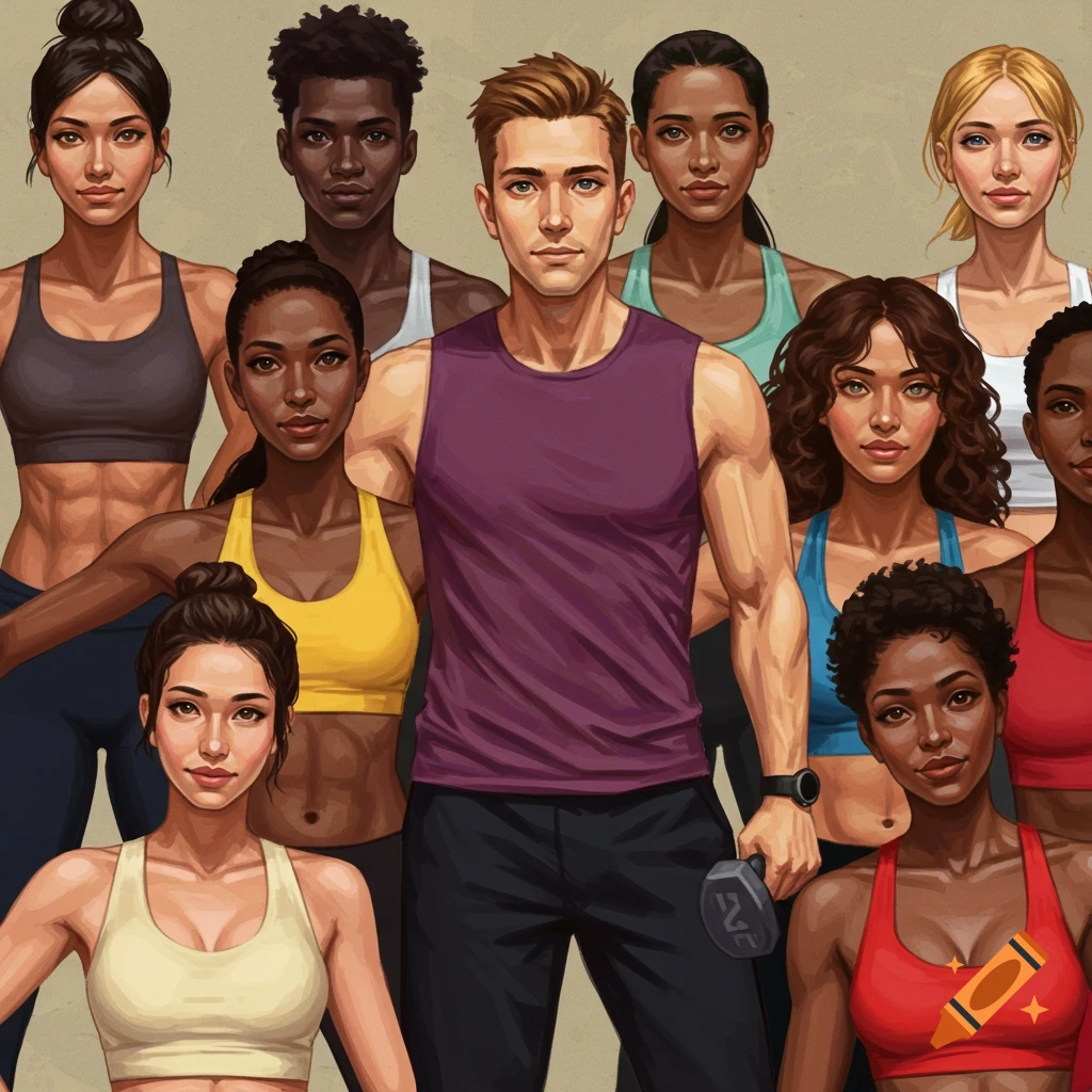 A diverse group of people in workout clothes. A man in the center holds a dumbbell.
