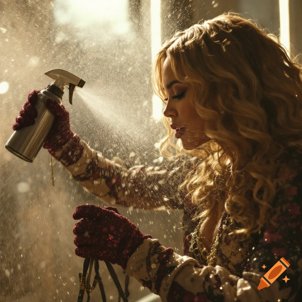 A woman in a decorative top and gloves sprays mist from a bottle, backlit.
