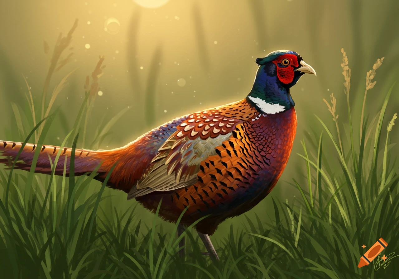 A colorful pheasant stands in tall grass bathed in sunlight.