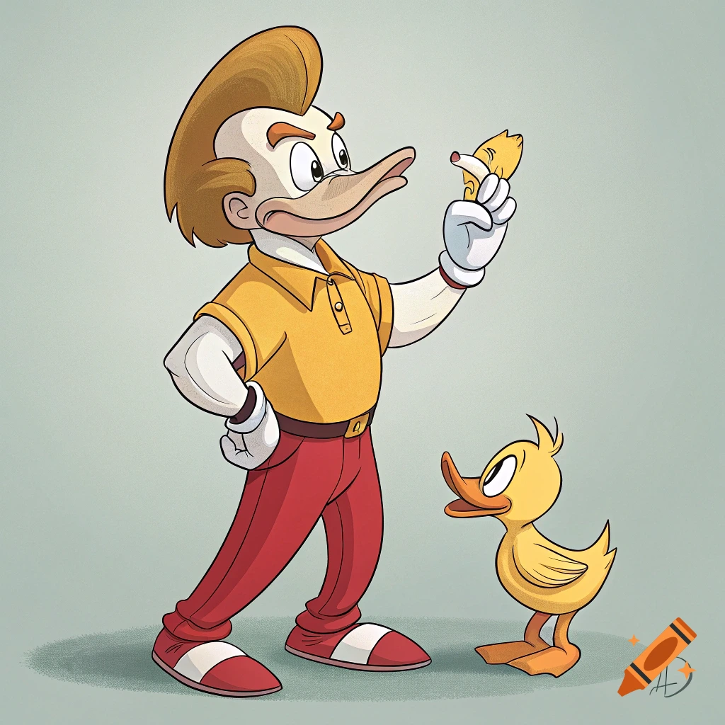 A large cartoon duck character with a pompadour holds up a small duckling.