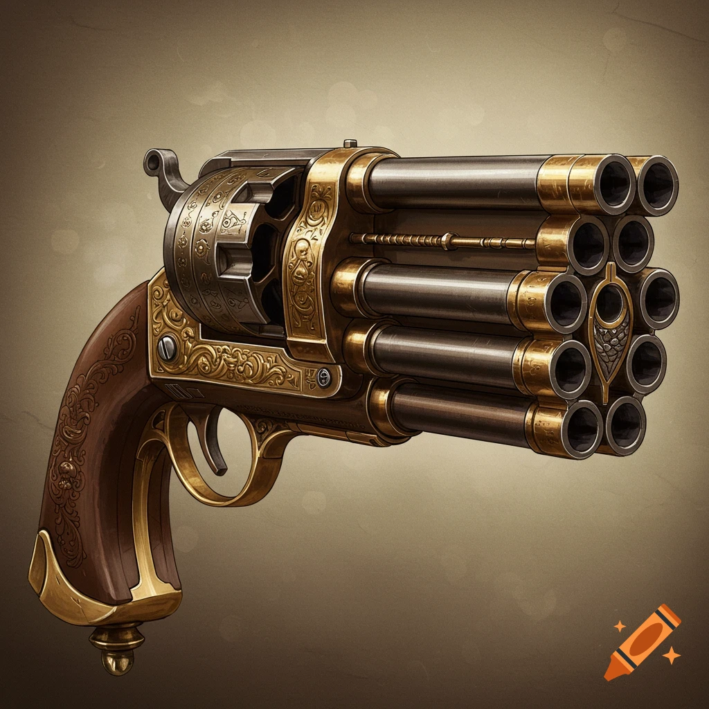 A highly detailed, ornate multi-barreled pistol with brass and wood accents.