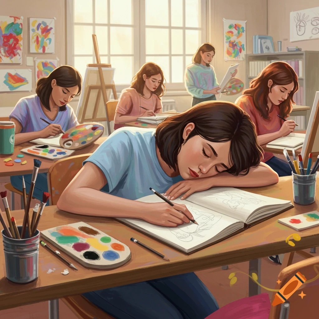 Students in an art class, one sleeping on her desk.