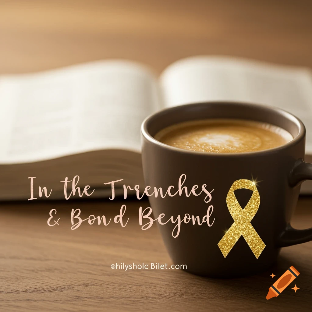 Coffee cup and open book with text and a gold awareness ribbon on a table.