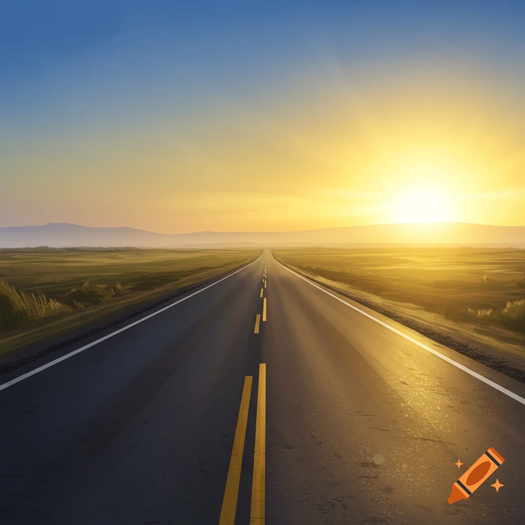 A long road extends into the distance through a grassy landscape under a bright sunset.