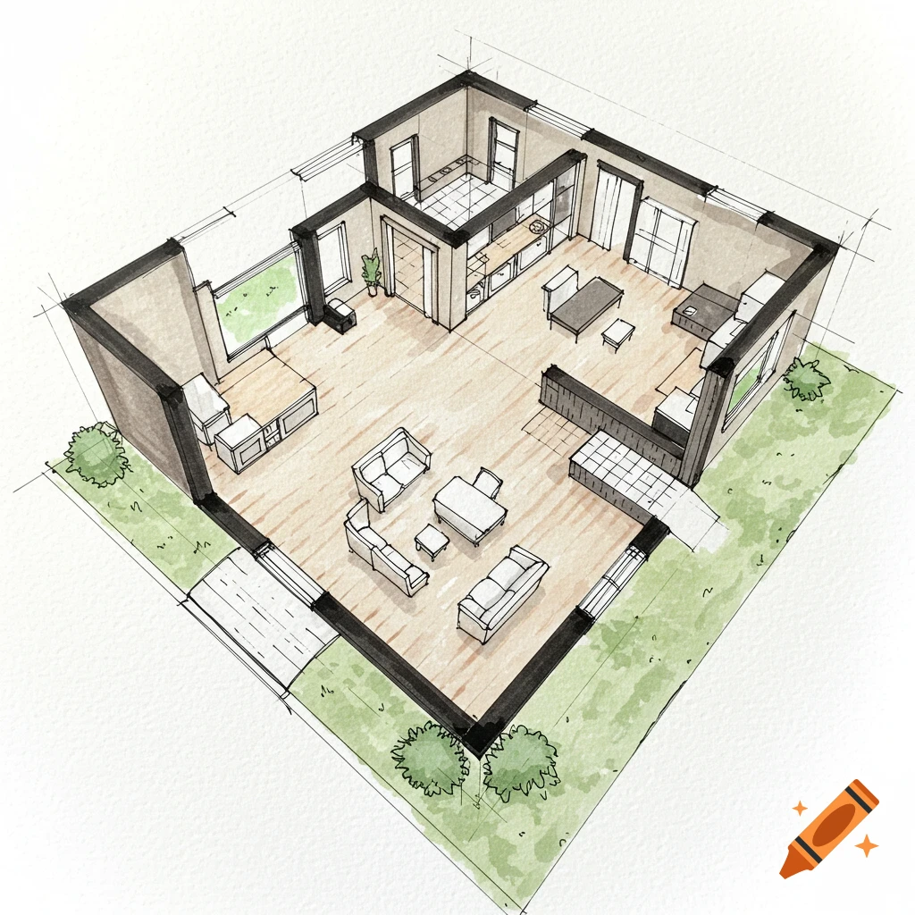 Isometric sketch of a floor plan showing a living room, kitchen, and patio area.
