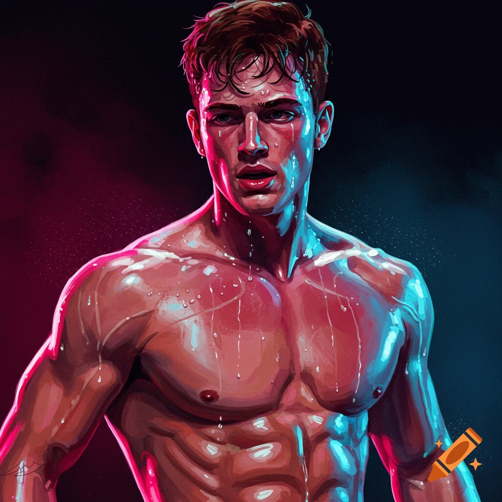 Digital illustration of a muscular man sweating, lit by pink and blue light.
