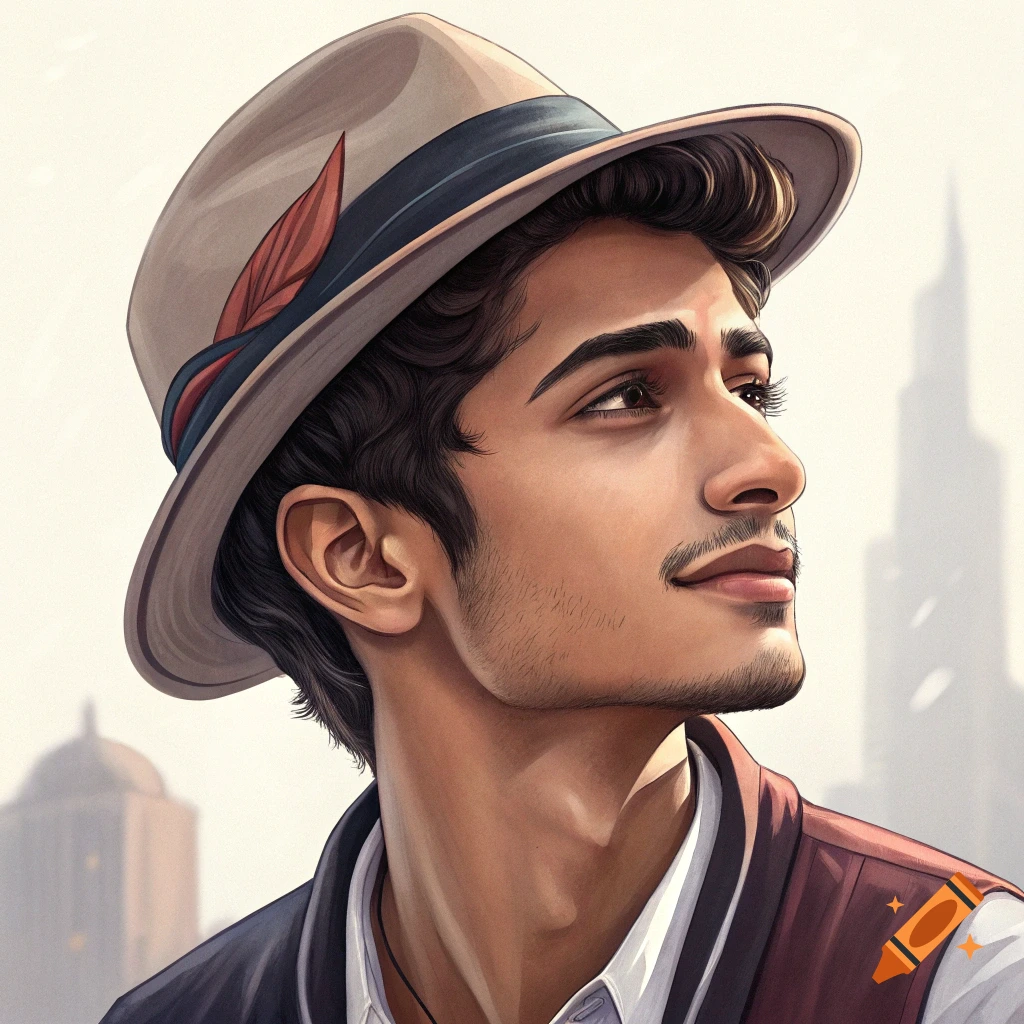 Portrait of a young man in a hat looking up, city background, illustration style.